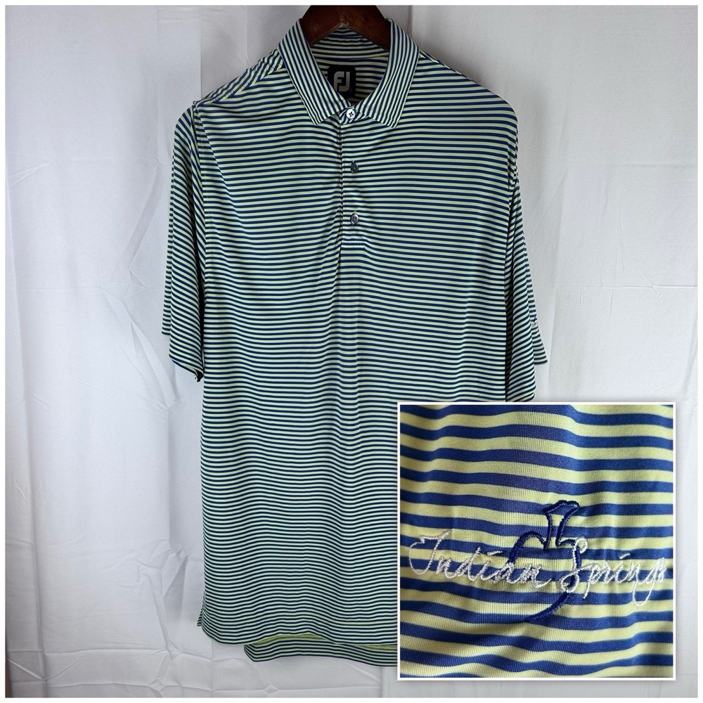 FootJoy Polo Men Medium Blue Yellow‎ Striped Golf Short Sleeve Indian Springs